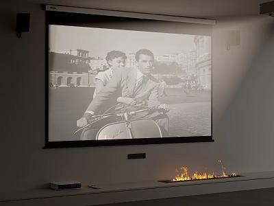 Home Theater Room With Projection Screen Showing Classic Movie Scene And Fireplace Flames 3d model