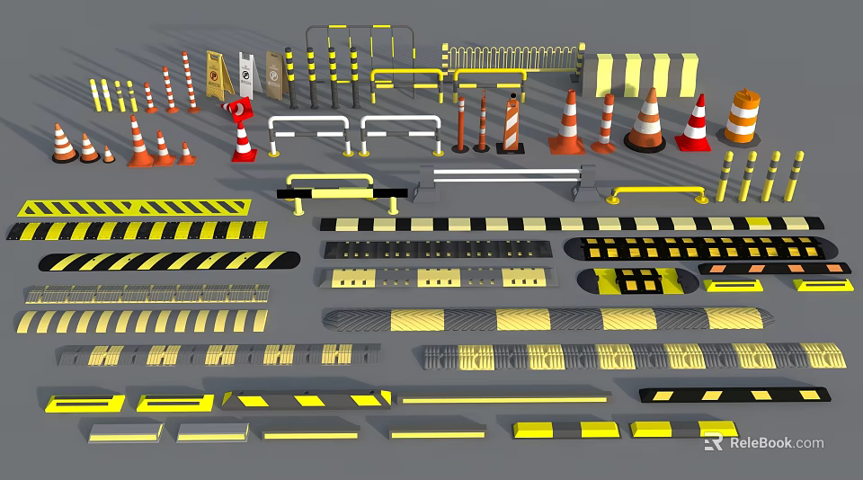 Various Road Traffic Safety Facilities Including Cones Barriers And Warning Strips 3d model 