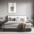 Modern Bedroom Interior With Gray Upholstered Bed Wall Art Large Windows And Area Rug