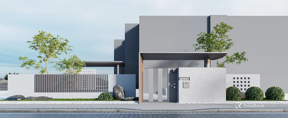 Modern Entrance Gate Design For Contemporary House With Glass Doors Stone Walls And Green Plants 3d model 
