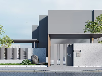 Modern Entrance Gate Design For Contemporary House With Glass Doors Stone Walls And Green Plants 3d model