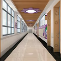 Bright Elevator Hallway With Wooden Ceiling Purple Flower Lights Large Windows And Colorful Decorations
