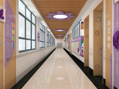 Bright Elevator Hallway With Wooden Ceiling Purple Flower Lights Large Windows And Colorful Decorations 3d model