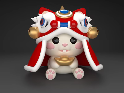 Adorable Rabbit Doll With Red Lion Dance Hat Golden Bells Gold Ingot And Pink Paws 3d model
