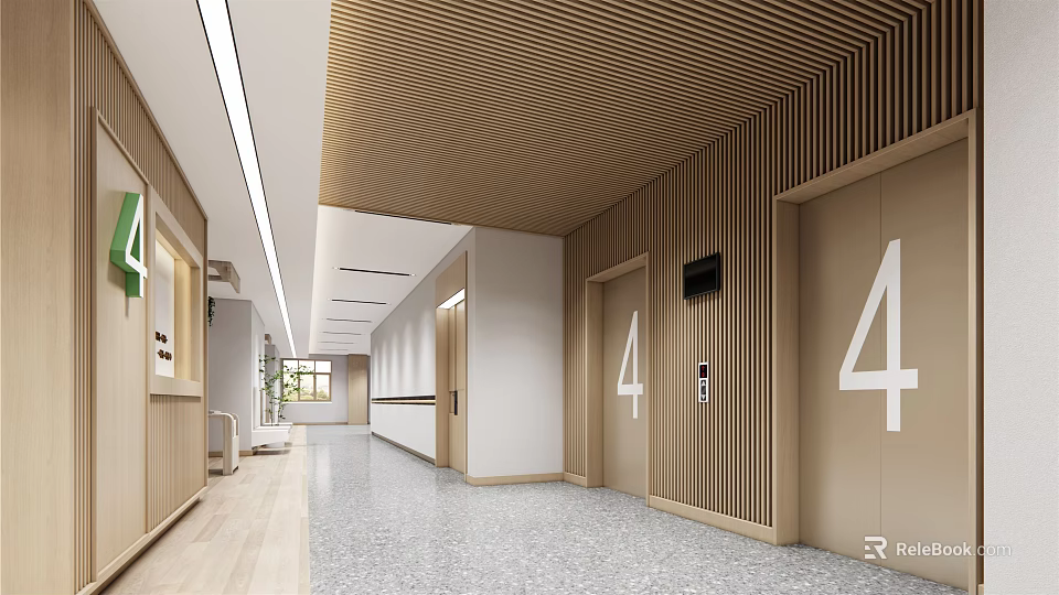 Modern Elevator Hallway Interior Design With Wooden Ceiling And Numbered Doors 3d model 