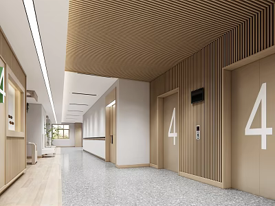 Modern Elevator Hallway Interior Design With Wooden Ceiling And Numbered Doors 3d model