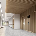 Modern Elevator Hallway Interior Design With Wooden Ceiling And Numbered Doors