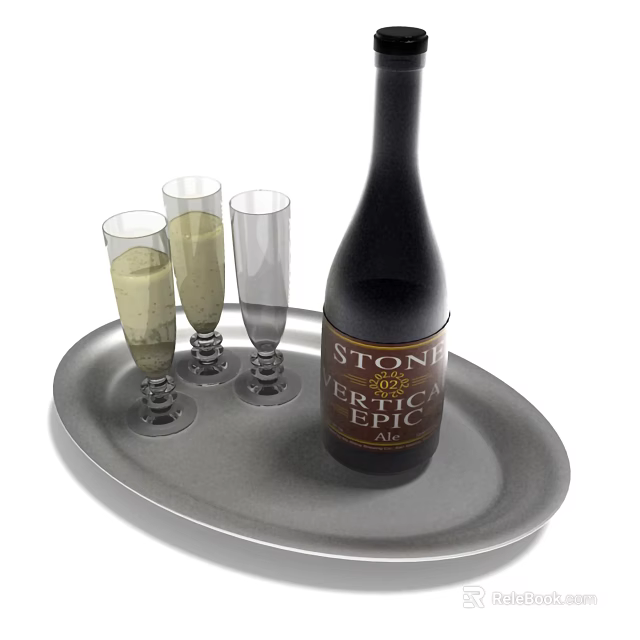 Stone 2022 Terra Bella Ale Bottle With Three Glasses On Silver Tray 3d model 