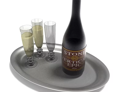 Stone 2022 Terra Bella Ale Bottle With Three Glasses On Silver Tray 3d model