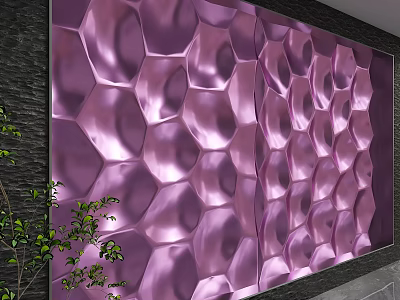 Purple Hexagonal Pattern Decorative Background Wall With Modern Design And Green Plants 3d model