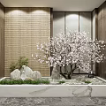 Indoor Landscape With Pink Flowering Tree Stones Green Plants Marble Base And Wooden Walls