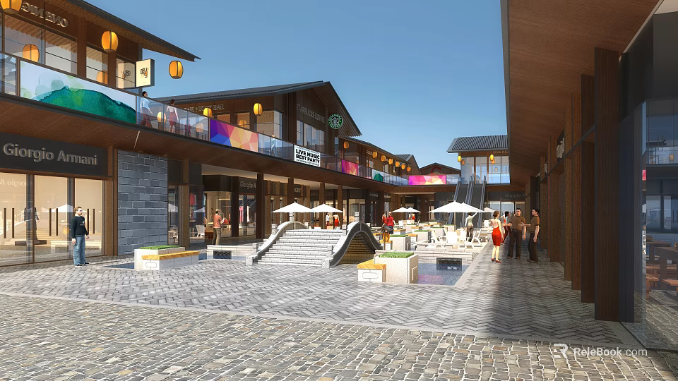 Modern Hinged Doors in Commercial Street Plaza with Storefront Facades and Pedestrians 3d model 