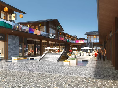 Modern Hinged Doors in Commercial Street Plaza with Storefront Facades and Pedestrians 3d model