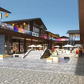 Modern Hinged Doors in Commercial Street Plaza with Storefront Facades and Pedestrians