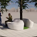 Modern White Curved Outdoor Landscape Seat Around Tree With Grass Paved Ground