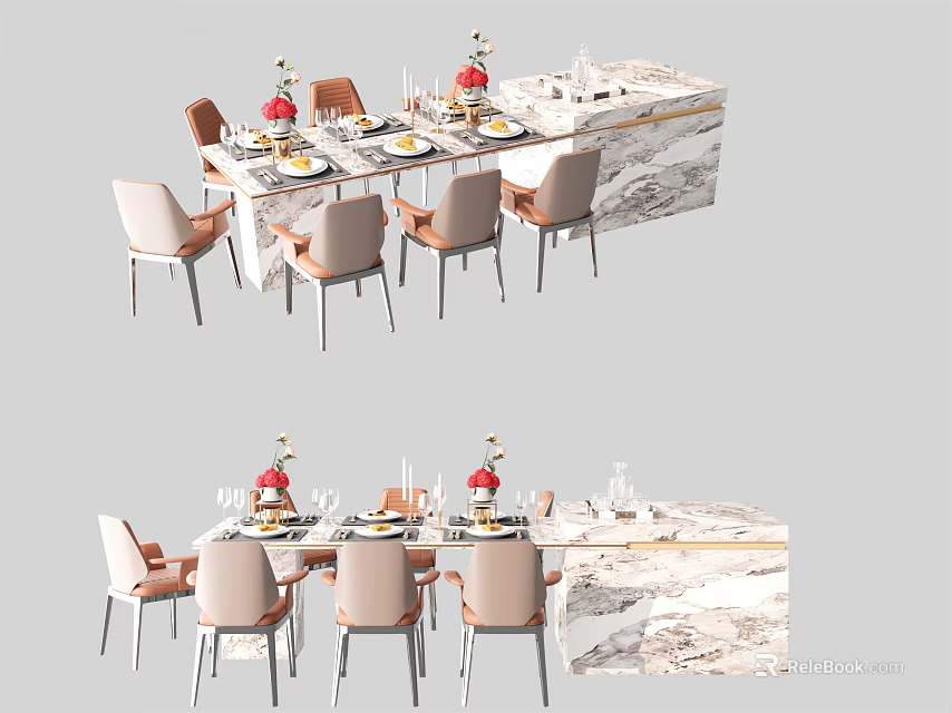 Modern Dining Table Set With Marble Top Chairs And Decorative Tableware 3d model 