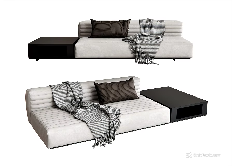 Light Colored Striped Sectional Sofa With Dark Throw Pillows Striped Blanket And Black Side Table 3d model
