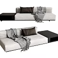Light Colored Striped Sectional Sofa With Dark Throw Pillows Striped Blanket And Black Side Table 3d model