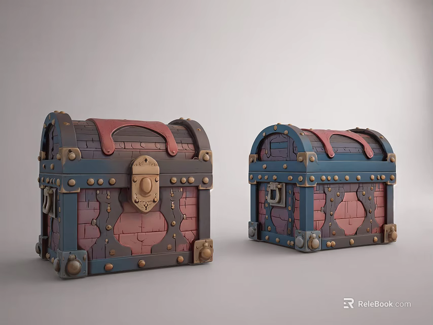 Two Vintage Style Blue and Red Chest with Metal Rivets and Lock 3d model 