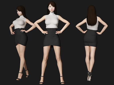 Woman in White Top and Black Skirt with High Heels in Different Standing Angles 3d model