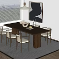 Wooden Dining Table Set With Six Chairs White Cushions And Decorative Items
