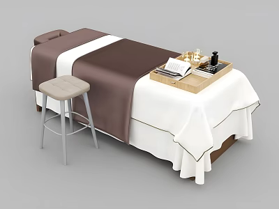 Comfortable Massage Bed With Brown And White Sheets Stool And Wooden Tray 3d model