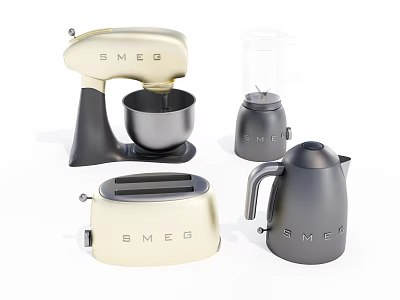 SMEG Kitchen Appliances in Cream and Dark Gray Including Blender Toaster Kettle and Mixer 3d model