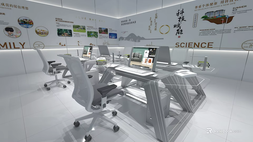 Modern Office Desk Setup With Laptops Office Chairs And Science Themed Wall Decorations 3d model 
