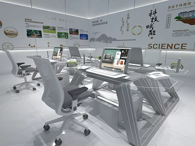 Modern Office Desk Setup With Laptops Office Chairs And Science Themed Wall Decorations 3d model