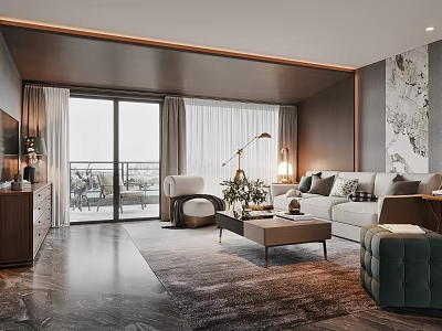 Modern Living Room Interior With Gray Sofa Coffee Table Floor Lamp Curtains And Decorative Artwork 3d model