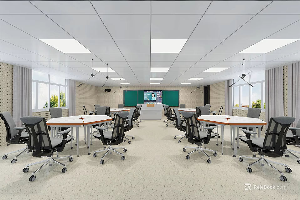 Modern Classroom Interior With White Ceiling Lights Green Blackboard White Tables And Black Rolling Chairs 3d model 