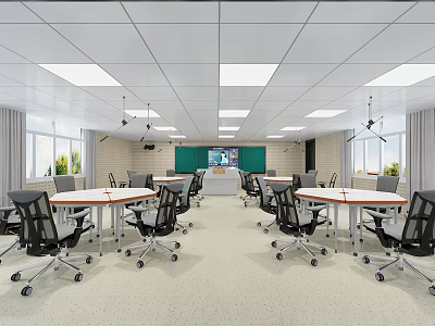 Modern Classroom Interior With White Ceiling Lights Green Blackboard White Tables And Black Rolling Chairs 3d model