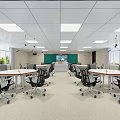 Modern Classroom Interior With White Ceiling Lights Green Blackboard White Tables And Black Rolling Chairs