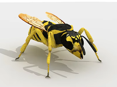 Close Up View of Yellow and Black Striped Wasp with Transparent Wings and Body Details 3d model