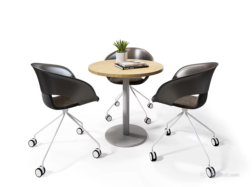 Modern Round Wooden Table and Black Rolling Chairs Set with Small Plant and Magazine 3d model 