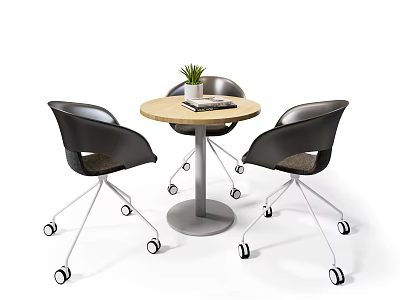 Modern Round Wooden Table and Black Rolling Chairs Set with Small Plant and Magazine 3d model