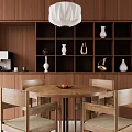 Elegant Modern Living and Dining Room With Wooden Partition Decorative Painting And White Cabinet
