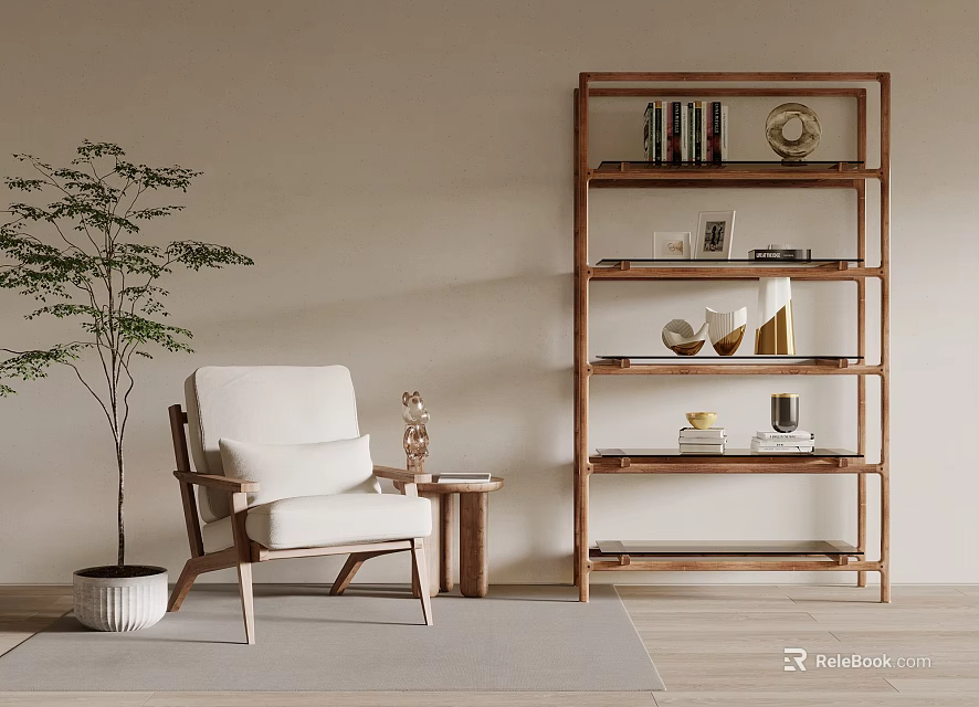 Modern Wooden Bookcase In Living Room With Chair Side Table And Plant 3d model 