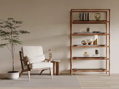 Modern Wooden Bookcase In Living Room With Chair Side Table And Plant 3d model