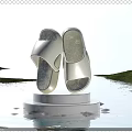 White Slippers Placed on White Pedestal Surrounded by Green Grass and Calm Water