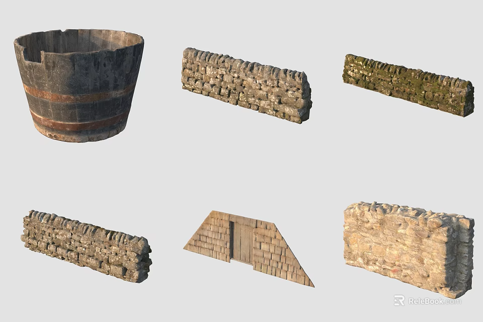 Various Decorative Wall Structures with Stone Brick and Mossy Textures 3d model