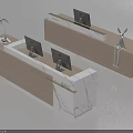 Modern Reception Desks With Marble Tops Wooden Bodies Computer Monitors And Decorative Accents