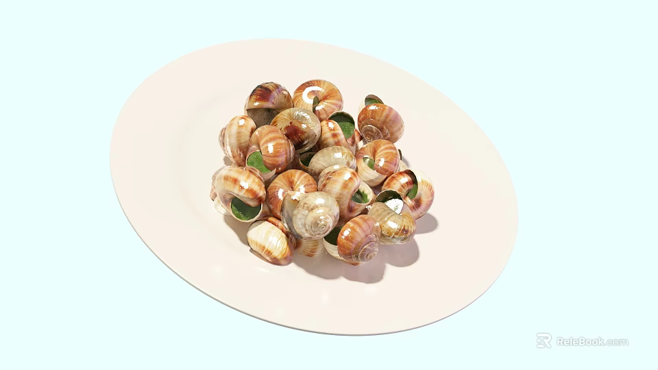 Fresh Tasty Snails Served On White Plate With Green Leaves Decoration 3d model 