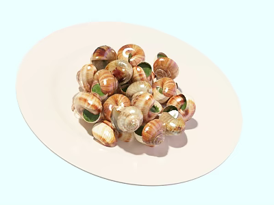 Fresh Tasty Snails Served On White Plate With Green Leaves Decoration 3d model