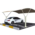 Modern Beige Cantilever Carport Covering White Car In Outdoor Parking Space