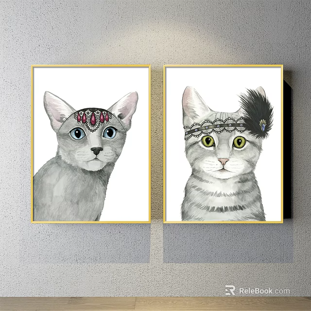 Cat Paintings With Red Gem Headpiece And Feather Decor In Gold Frames 3d model 