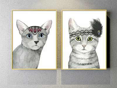 Cat Paintings With Red Gem Headpiece And Feather Decor In Gold Frames 3d model