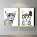 Cat Paintings With Red Gem Headpiece And Feather Decor In Gold Frames