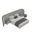 Modern Double Bed with Upholstered Headboard Nightstand White Pillows and Striped Blanket