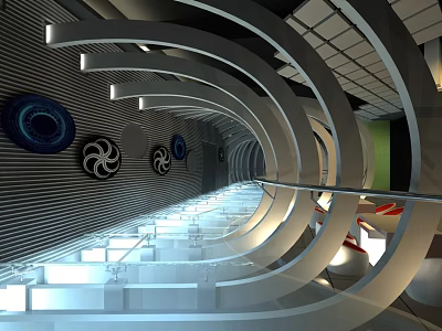 Modern Interior Space Featuring Silver Curved Metal Structures And Blue Circular Artworks 3d model